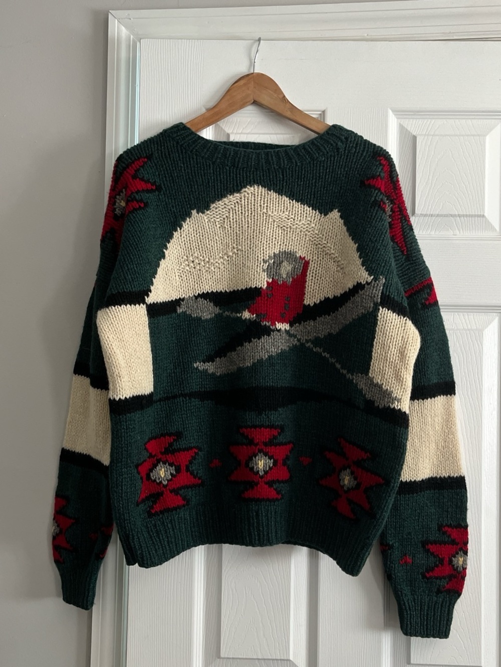 Vintage 90s Wool Green Aztec Mountain Knit Sweater with Cream & Red Accents